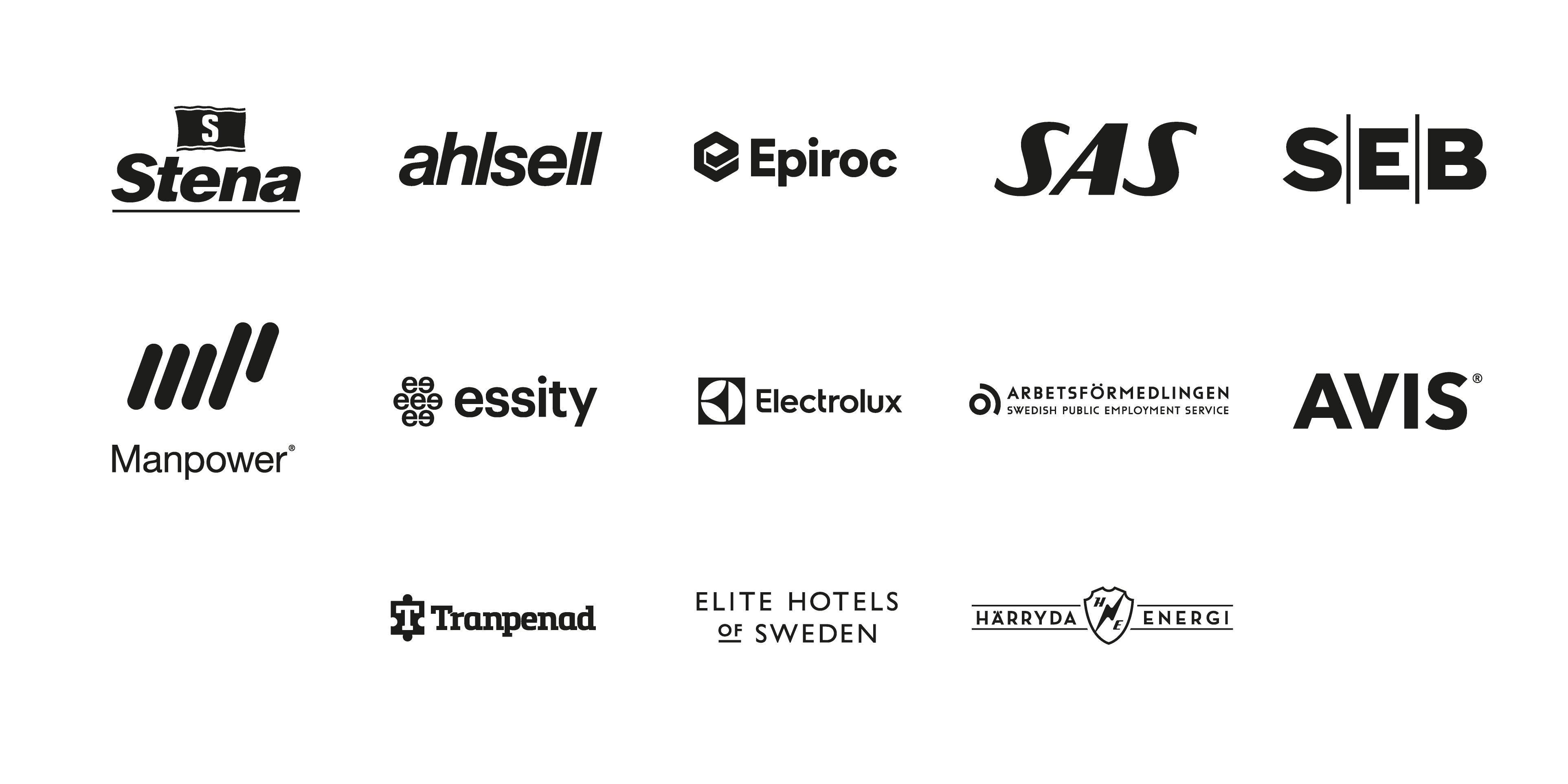 Loggor referenskunder; Stena, Ahlsell, Epiroc, SAS, SEB, Manpower, Essity, Electrolux, Arbetsförmedlingen, AVIS, Elite Hotels, Härryda Energi, Tranpenad.